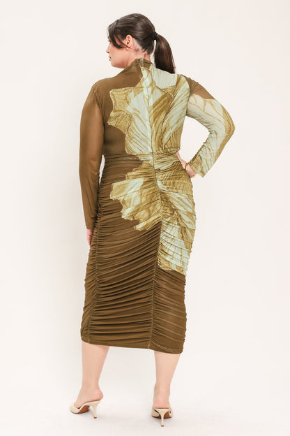 [preorder] Brown Blossom Contour Power Mesh Midi Dress