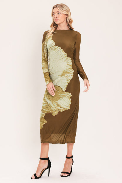 [preorder] Brown Blossom Contour Power Mesh Midi Dress