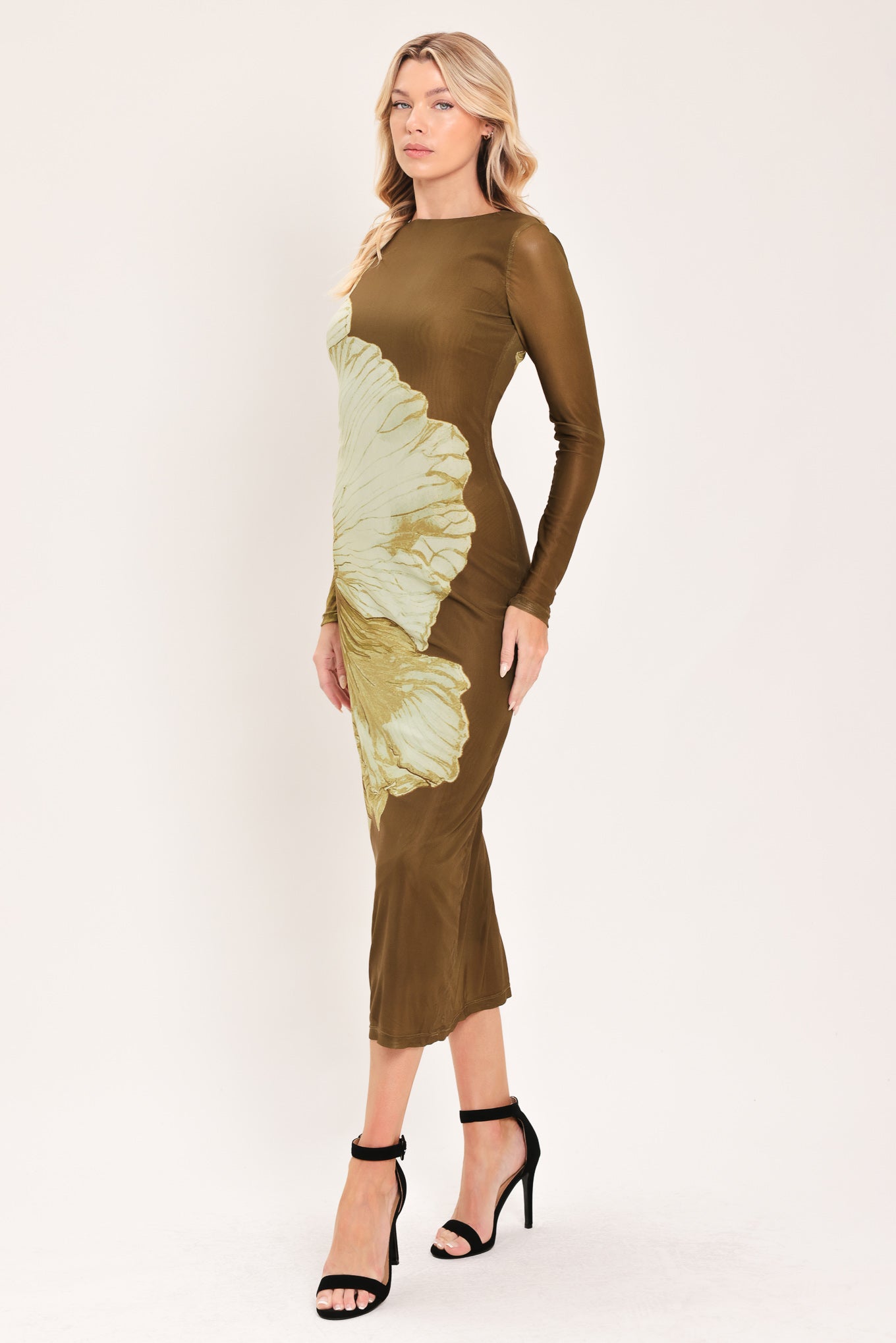[preorder] Brown Blossom Contour Power Mesh Midi Dress