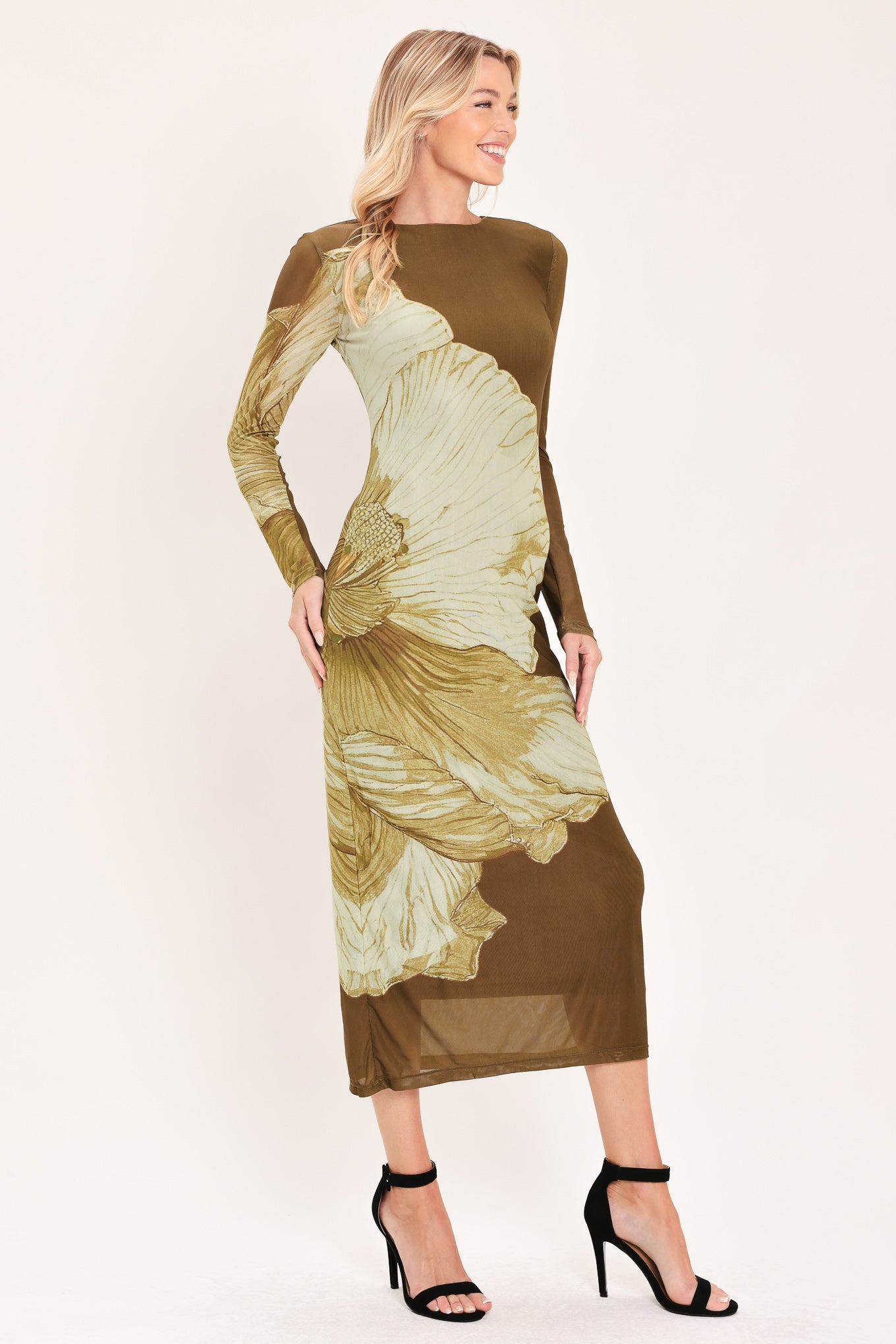 [preorder] Brown Blossom Contour Power Mesh Midi Dress