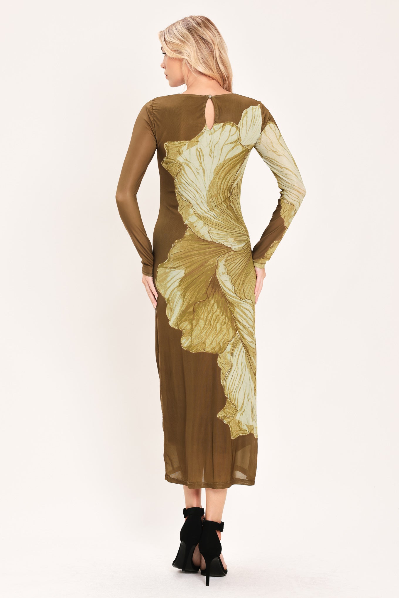 [preorder] Brown Blossom Contour Power Mesh Midi Dress