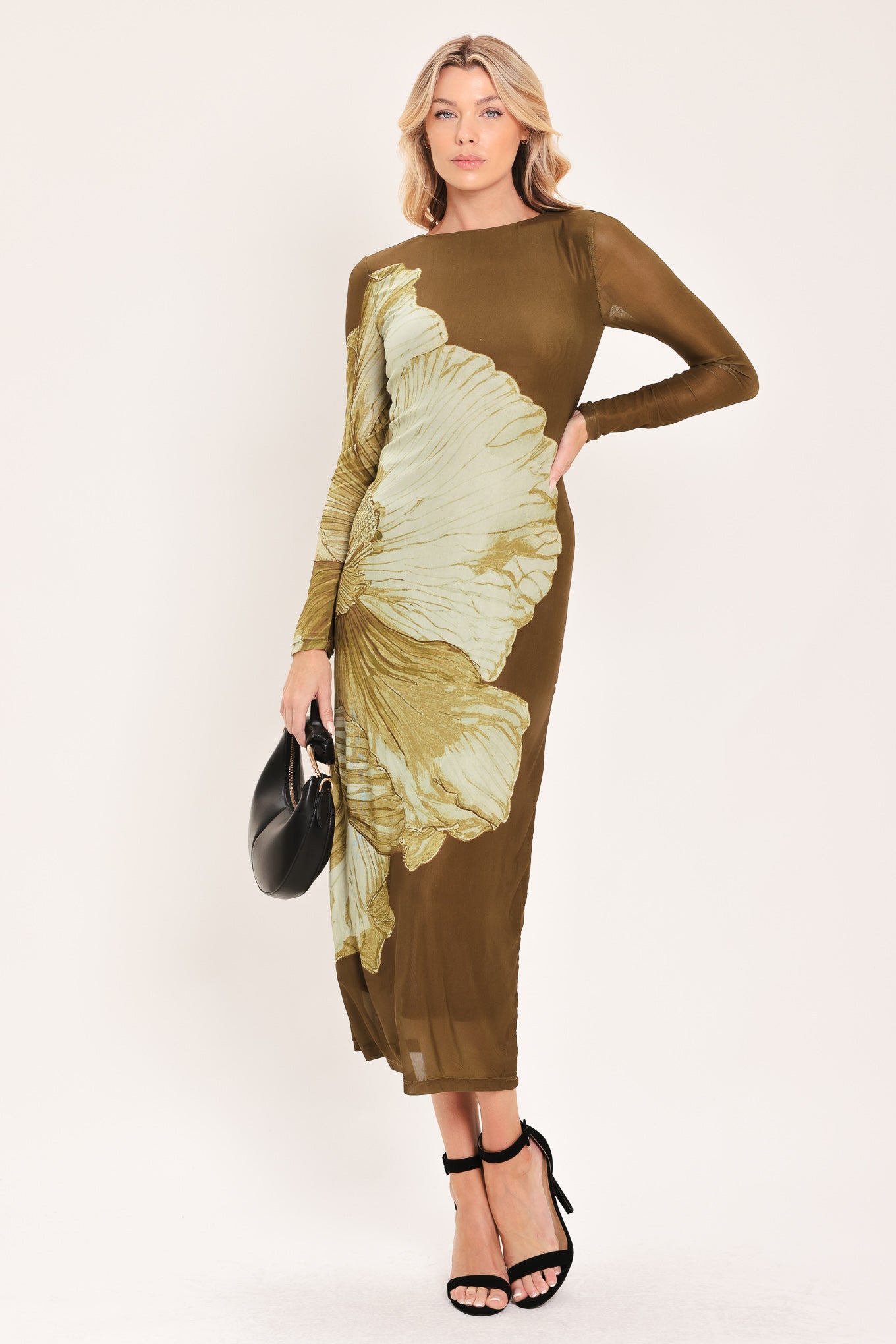 [preorder] Brown Blossom Contour Power Mesh Midi Dress