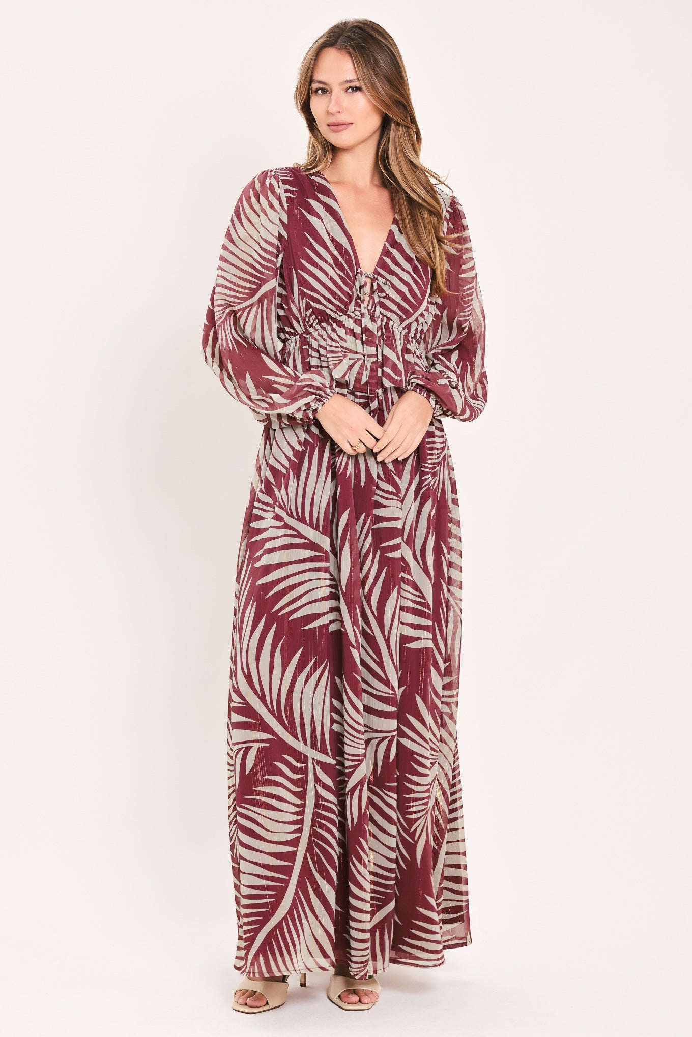 Merlot Leaves in Motion Woven Maxi Dress