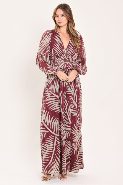 Merlot Leaves in Motion Woven Maxi Dress