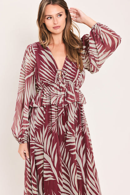 Merlot Leaves in Motion Woven Maxi Dress
