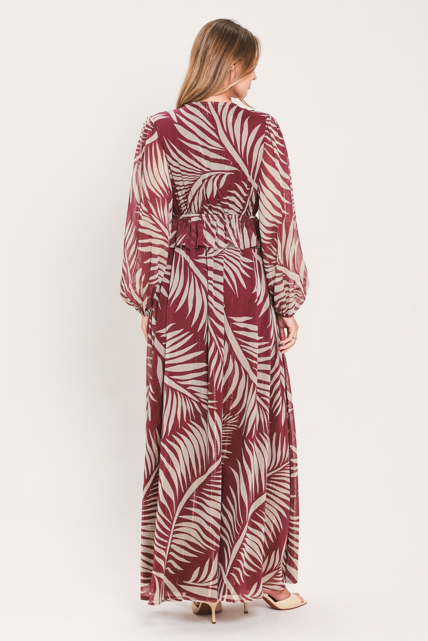 Merlot Leaves in Motion Woven Maxi Dress