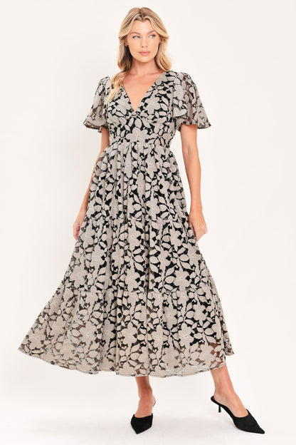 Ashen Floral Majesty Woven Lace Midi Dress