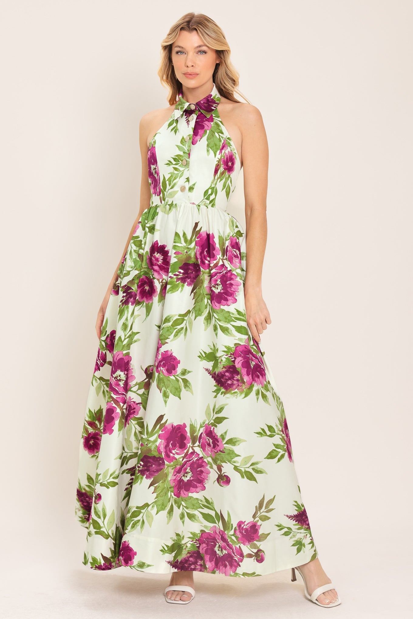 Fuchsia Rose Halter Woven Maxi Dress