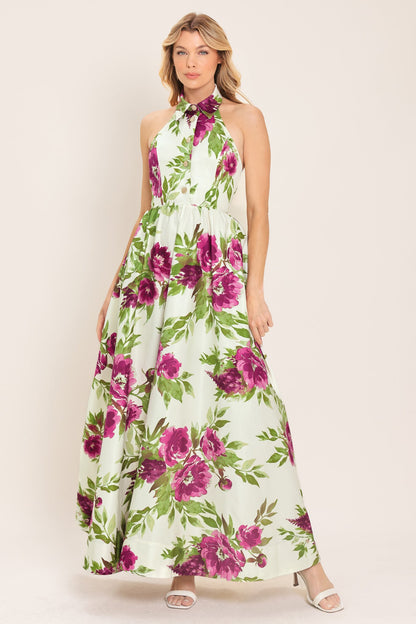 Fuchsia Rose Halter Woven Maxi Dress