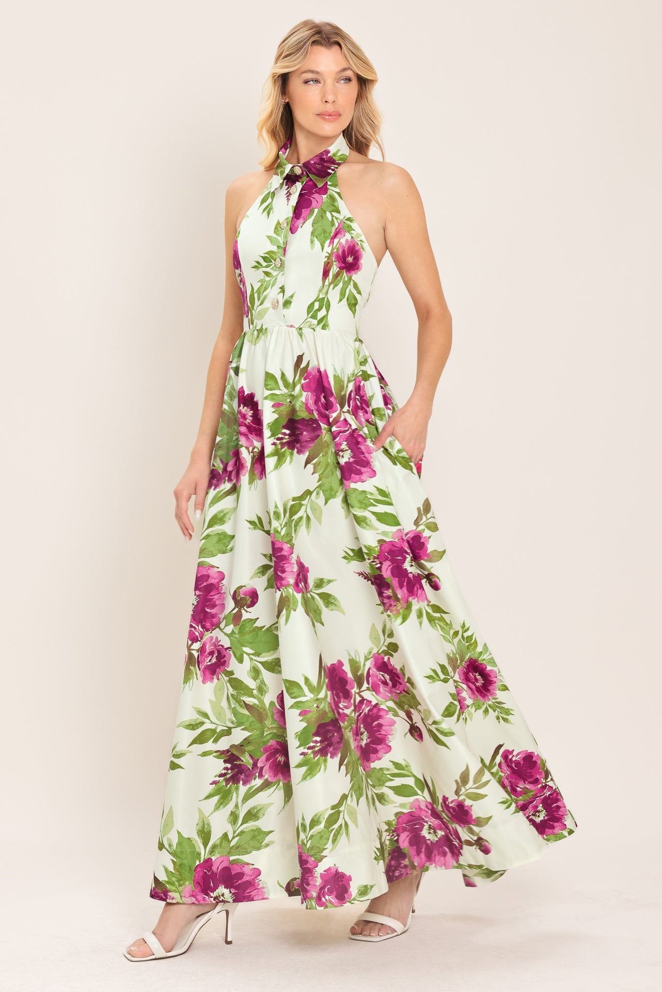 Fuchsia Rose Halter Woven Maxi Dress