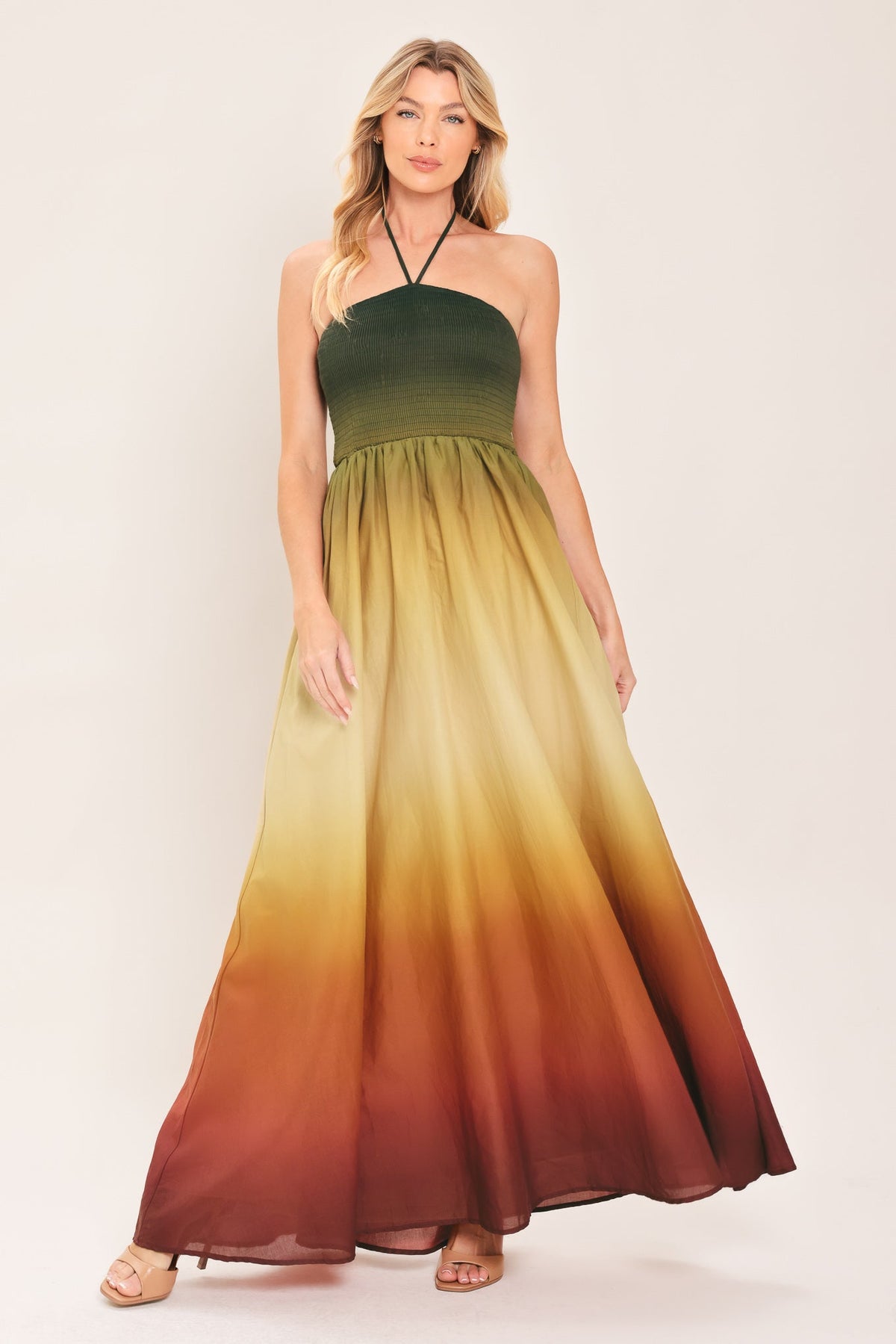 orange ombre bridesmaid dresses SUNSET WOVEN MAXI DRESS l FLYING TOMATO OLIVE RUST / M spring 2023 fashion Royal Marine Colonel- Number Size:MEDIUM/LARGE enhancing ruched detailing at