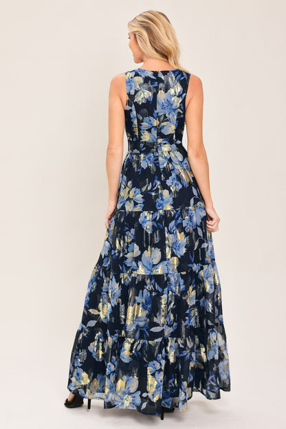 Foil Floral Evening Woven Maxi Dress