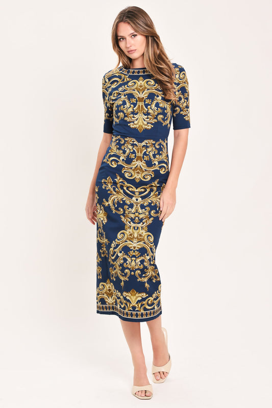 Noble Golden Flourish Woven Midi Dress