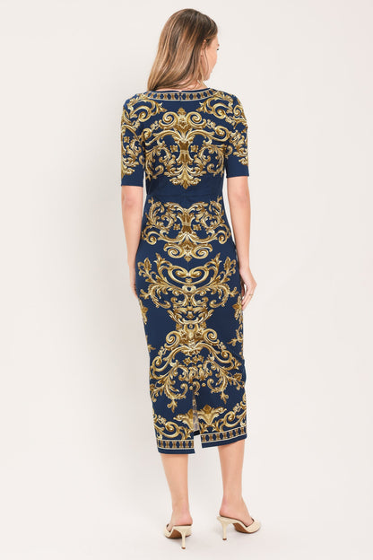 Noble Golden Flourish Woven Midi Dress