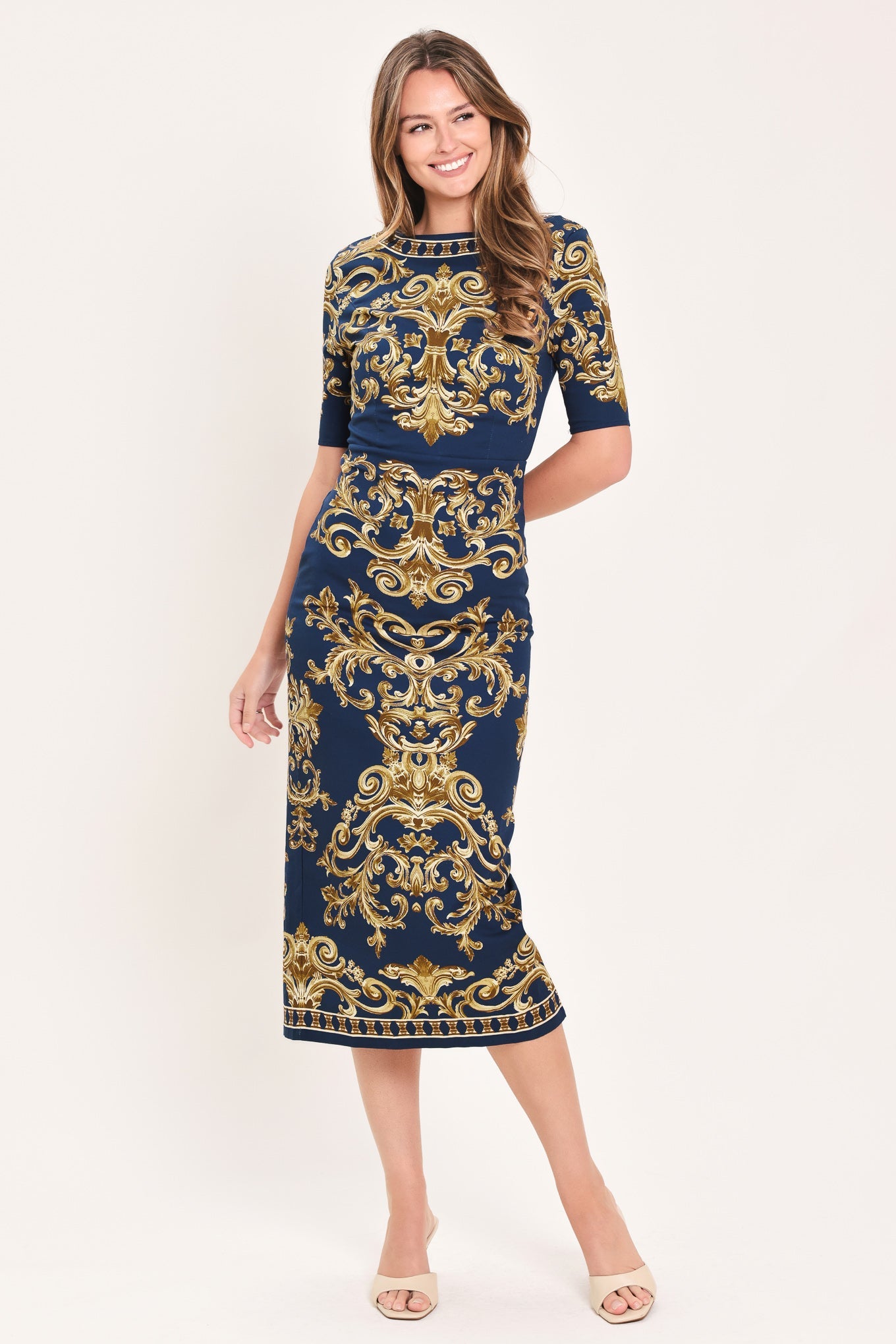 Noble Golden Flourish Woven Midi Dress
