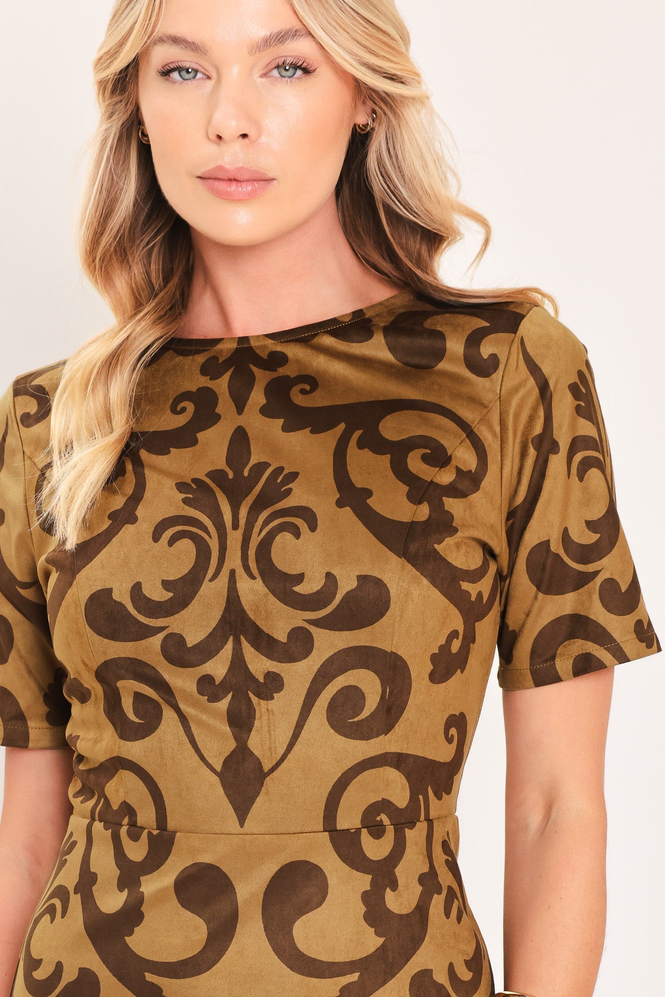 Cognac Scroll Silhouette Faux Suede Midi Dress