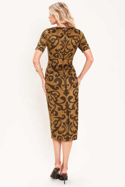 Cognac Scroll Silhouette Faux Suede Midi Dress