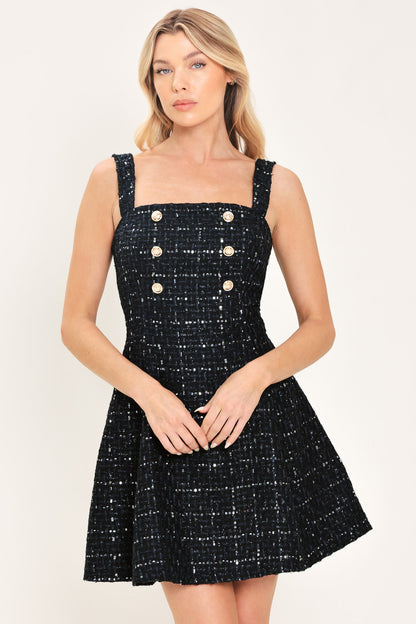 Navy Spark Navy Sequin Tweed Button-detail Mini Dress