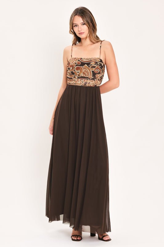 Autumn Arabesque Kiss Power Mesh Maxi Dress