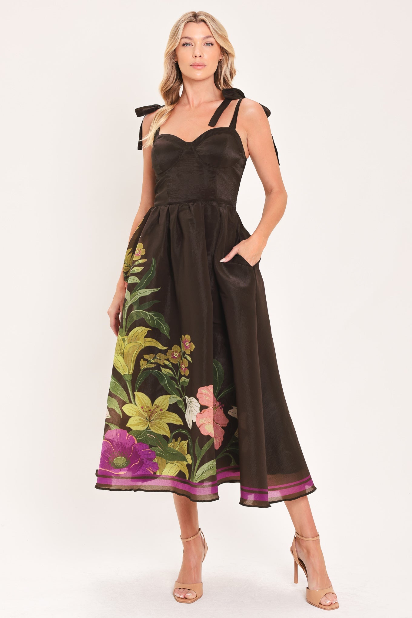 Cacao Floral Festival Woven Midi Dress