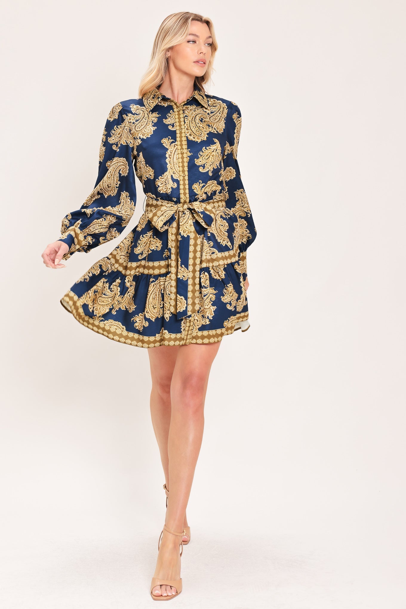Sapphire Ornament Woven Mini Shirt Dress