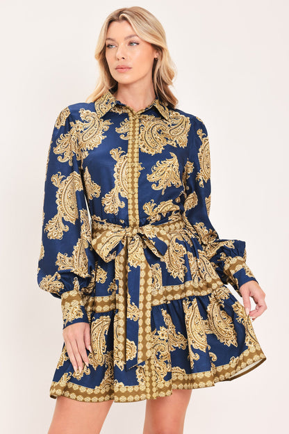 Sapphire Ornament Woven Mini Shirt Dress
