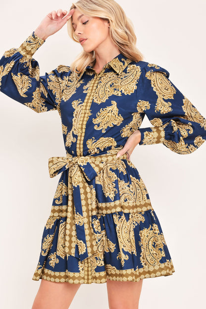 Sapphire Ornament Woven Mini Shirt Dress