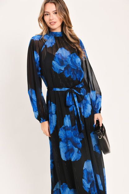 Cobalt Petals in Shadow Woven Maxi Dress