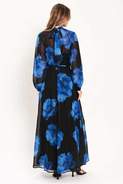 Cobalt Petals in Shadow Woven Maxi Dress
