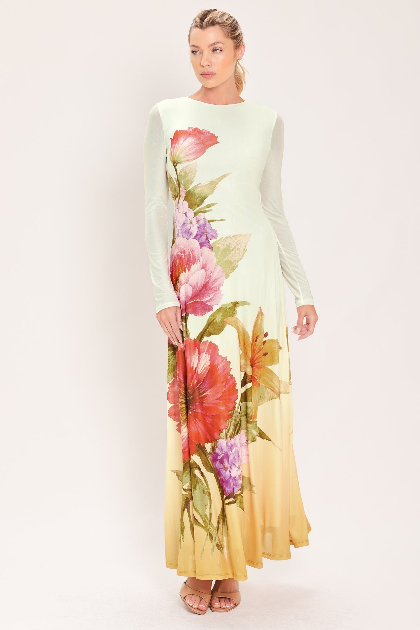 Pastel Botanic Splendor Power Mesh Maxi Dress