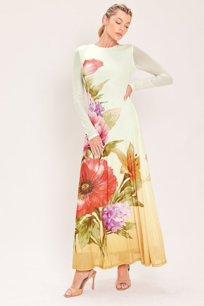 Pastel Botanic Splendor Power Mesh Maxi Dress