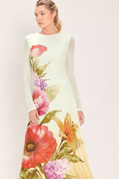 Pastel Botanic Splendor Power Mesh Maxi Dress