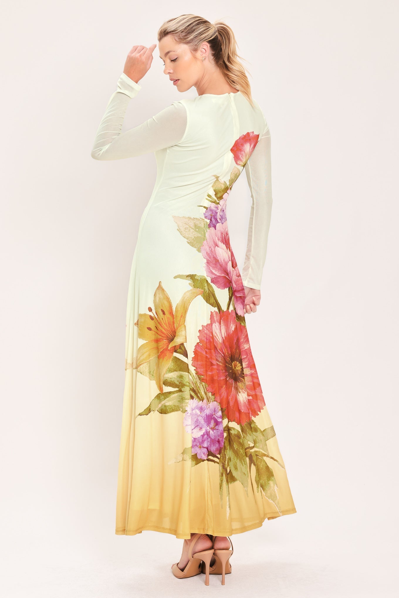 Pastel Botanic Splendor Power Mesh Maxi Dress