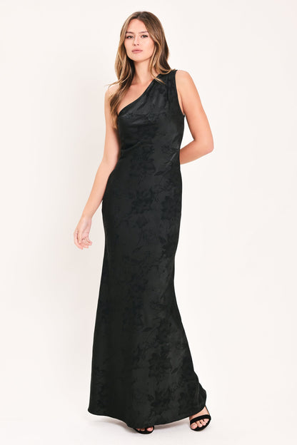 Nocturnal Rose Glow Jacquard Woven Satin Maxi Dress
