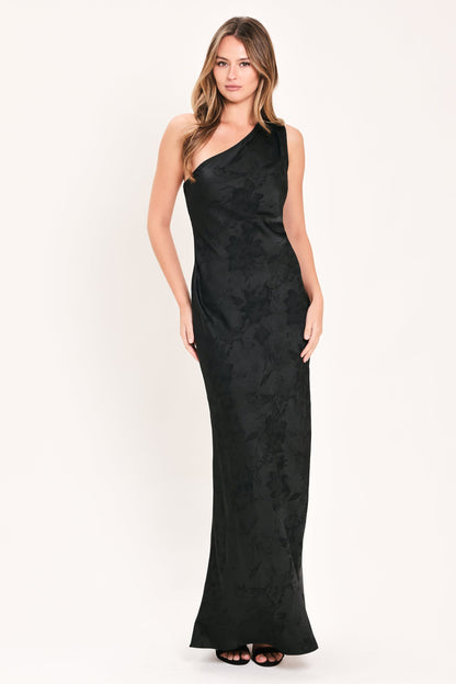 Nocturnal Rose Glow Jacquard Woven Satin Maxi Dress