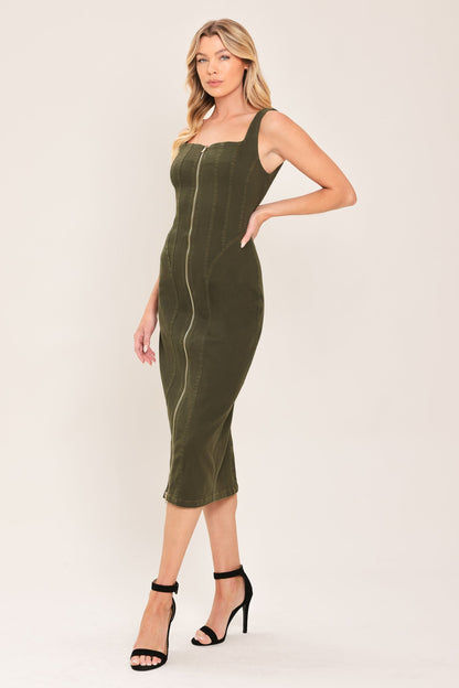 Modern Cargo Chic Woven Twill Midi Dress