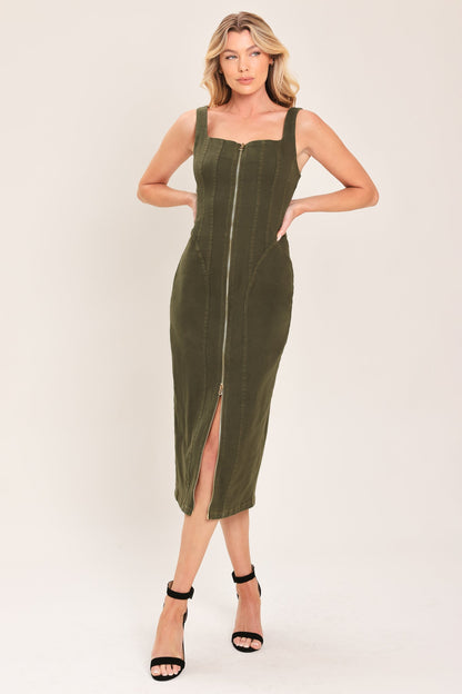 Modern Cargo Chic Woven Twill Midi Dress