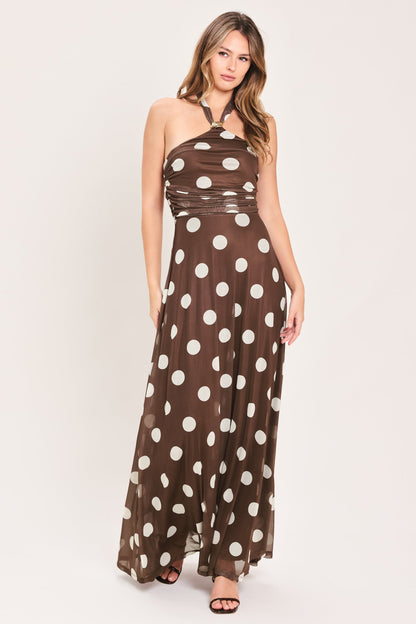 Polka Kisses Halter Power Mesh Maxi Dress