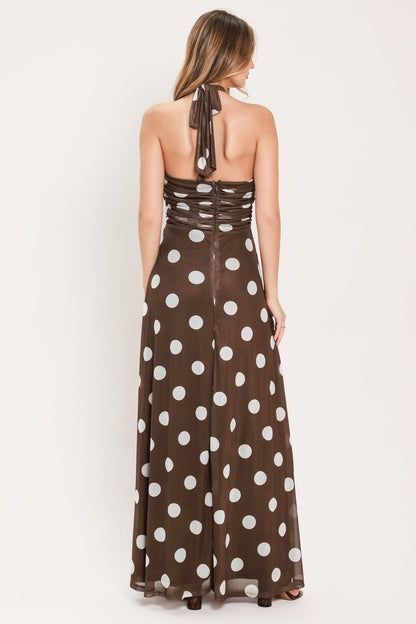 Polka Kisses Halter Power Mesh Maxi Dress
