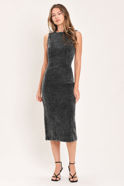 Vintage Charcoal Sculpt Denim Midi Sheath Dress