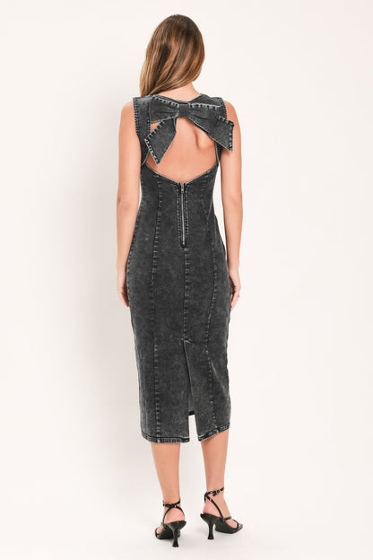 Vintage Charcoal Sculpt Denim Midi Sheath Dress