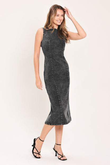 Vintage Charcoal Sculpt Denim Midi Sheath Dress