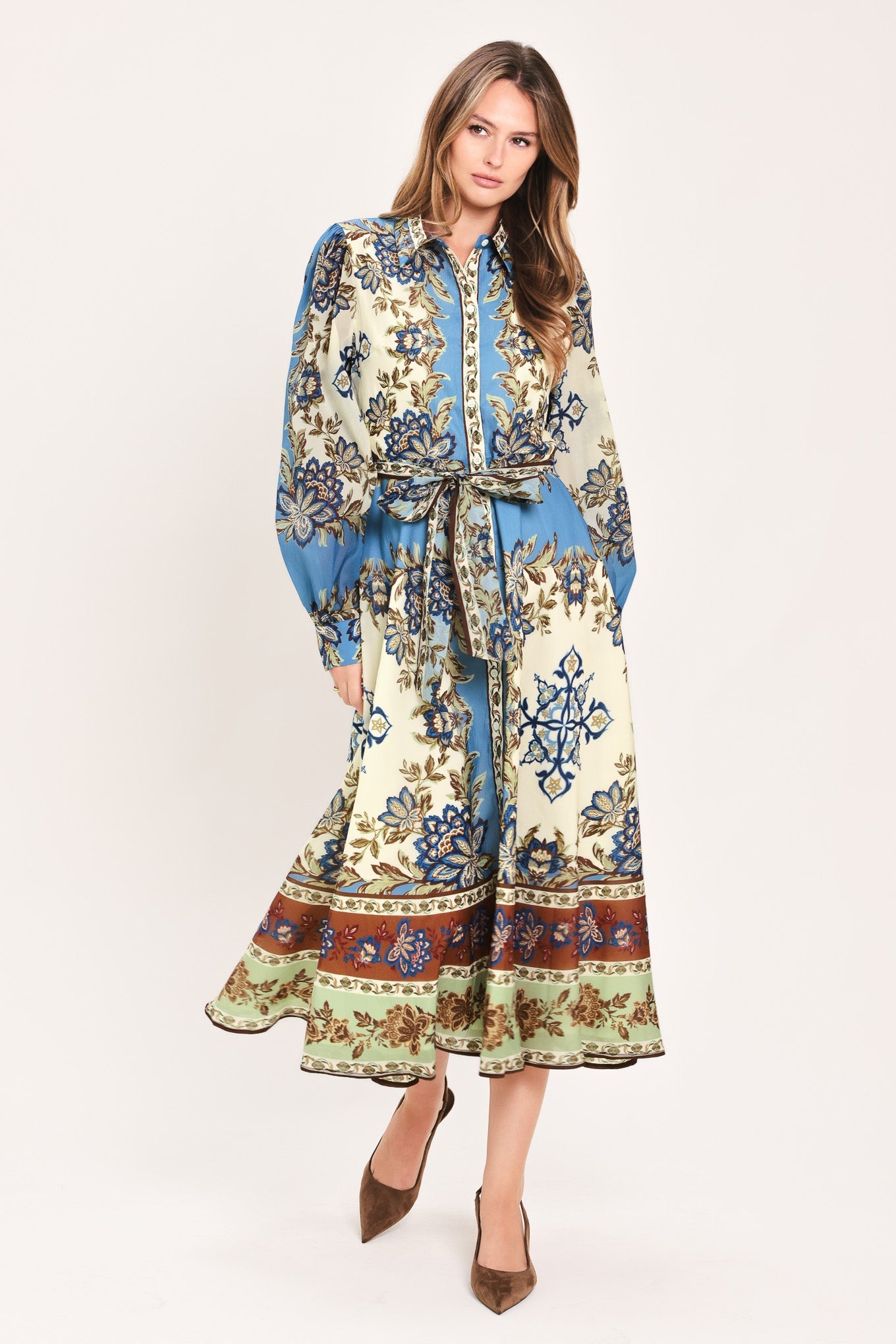 Skyborne Ornamental Grace Woven Midi Shirt Dress