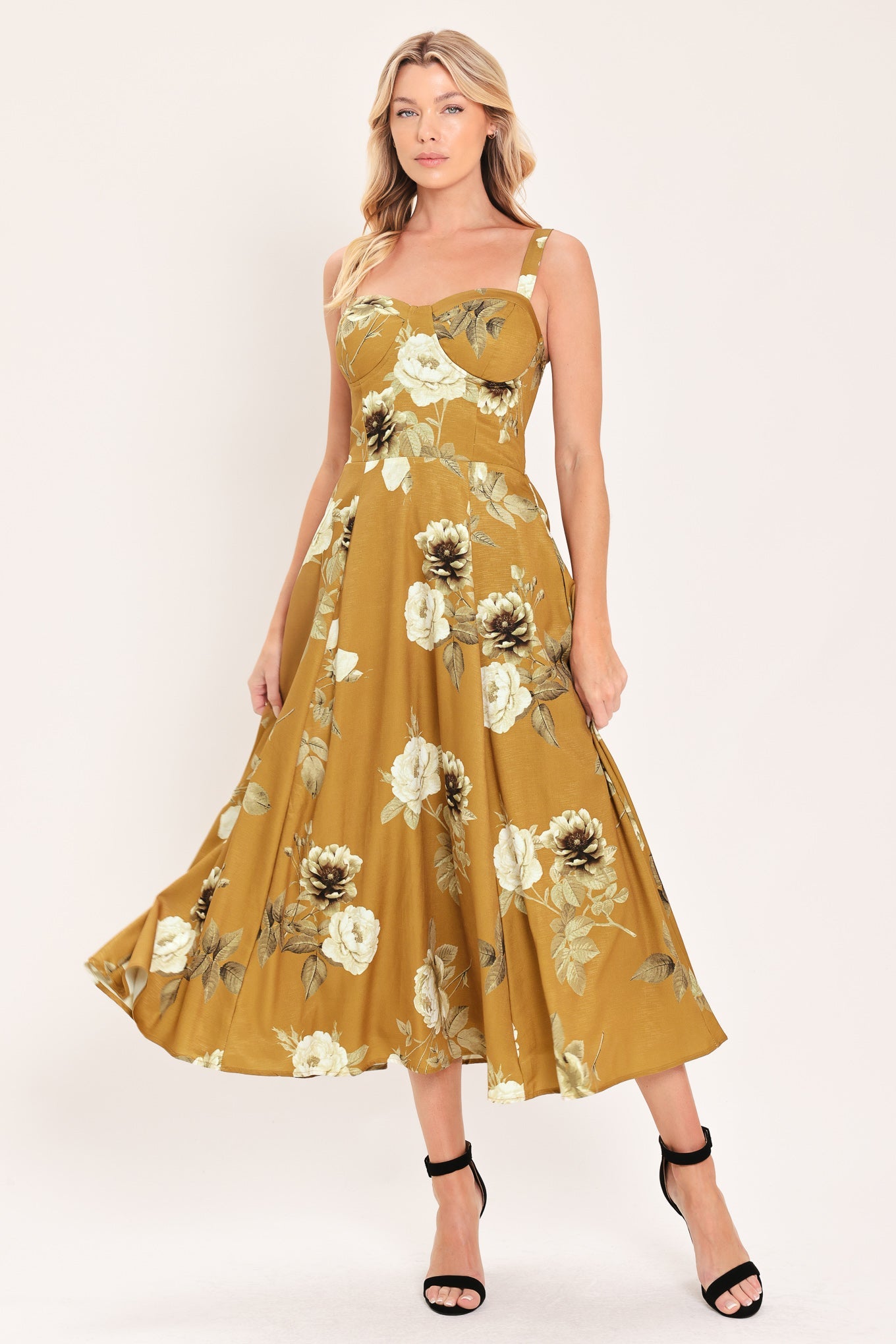 [preorder] Mustard Rosette Melody Woven Midi Dress