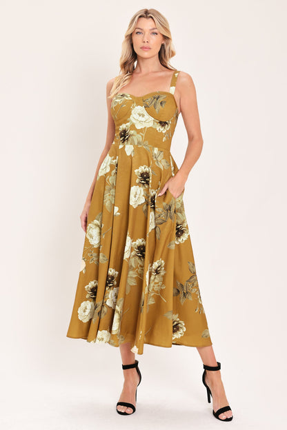 [preorder] Mustard Rosette Melody Woven Midi Dress