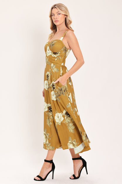 [preorder] Mustard Rosette Melody Woven Midi Dress