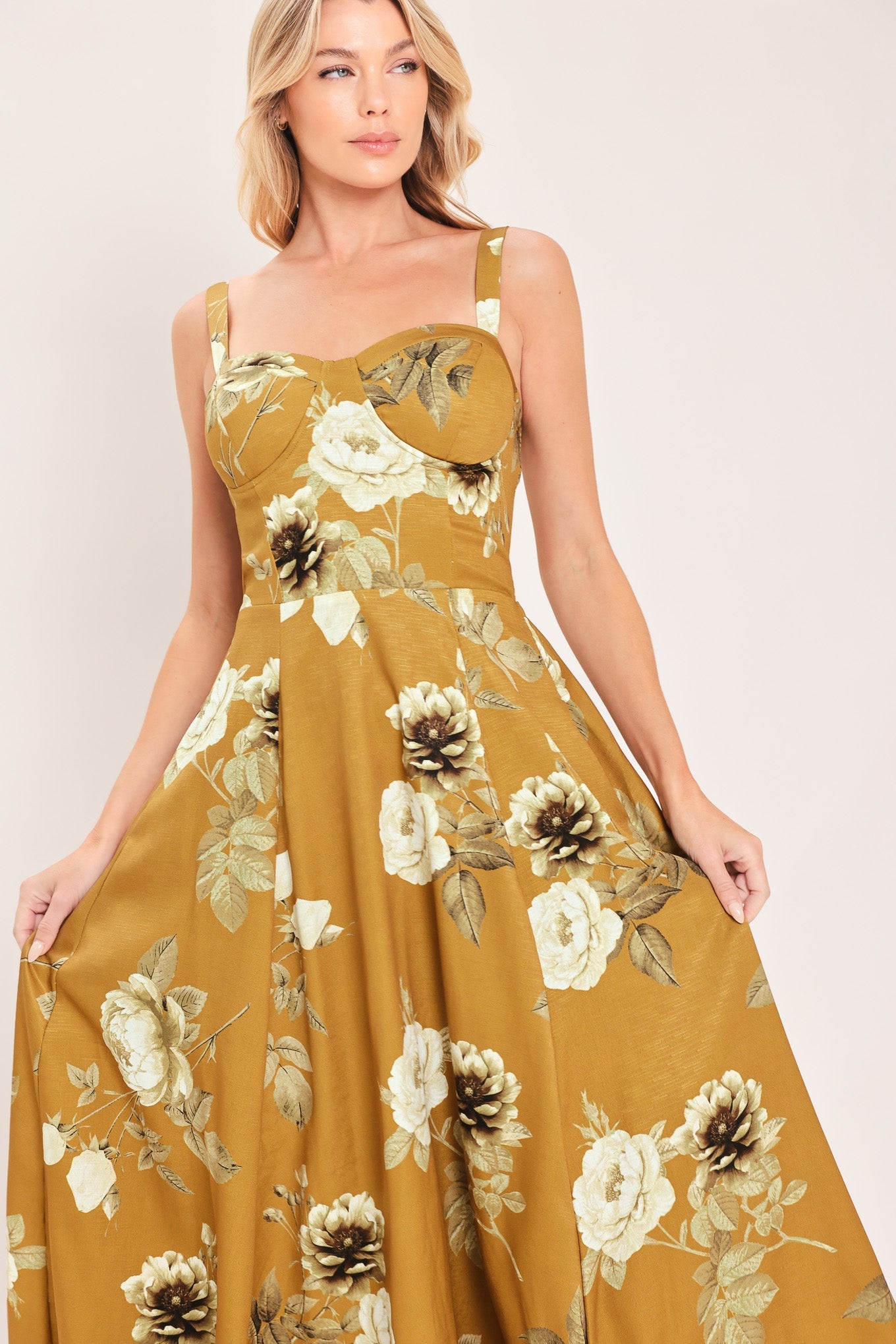 [preorder] Mustard Rosette Melody Woven Midi Dress