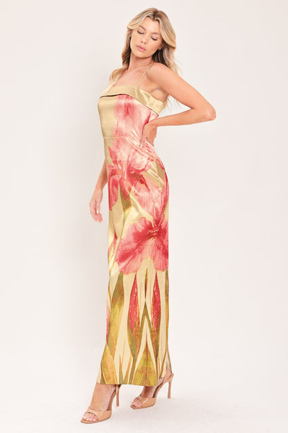 Rosé Garden Gleam Woven Column Maxi Dress