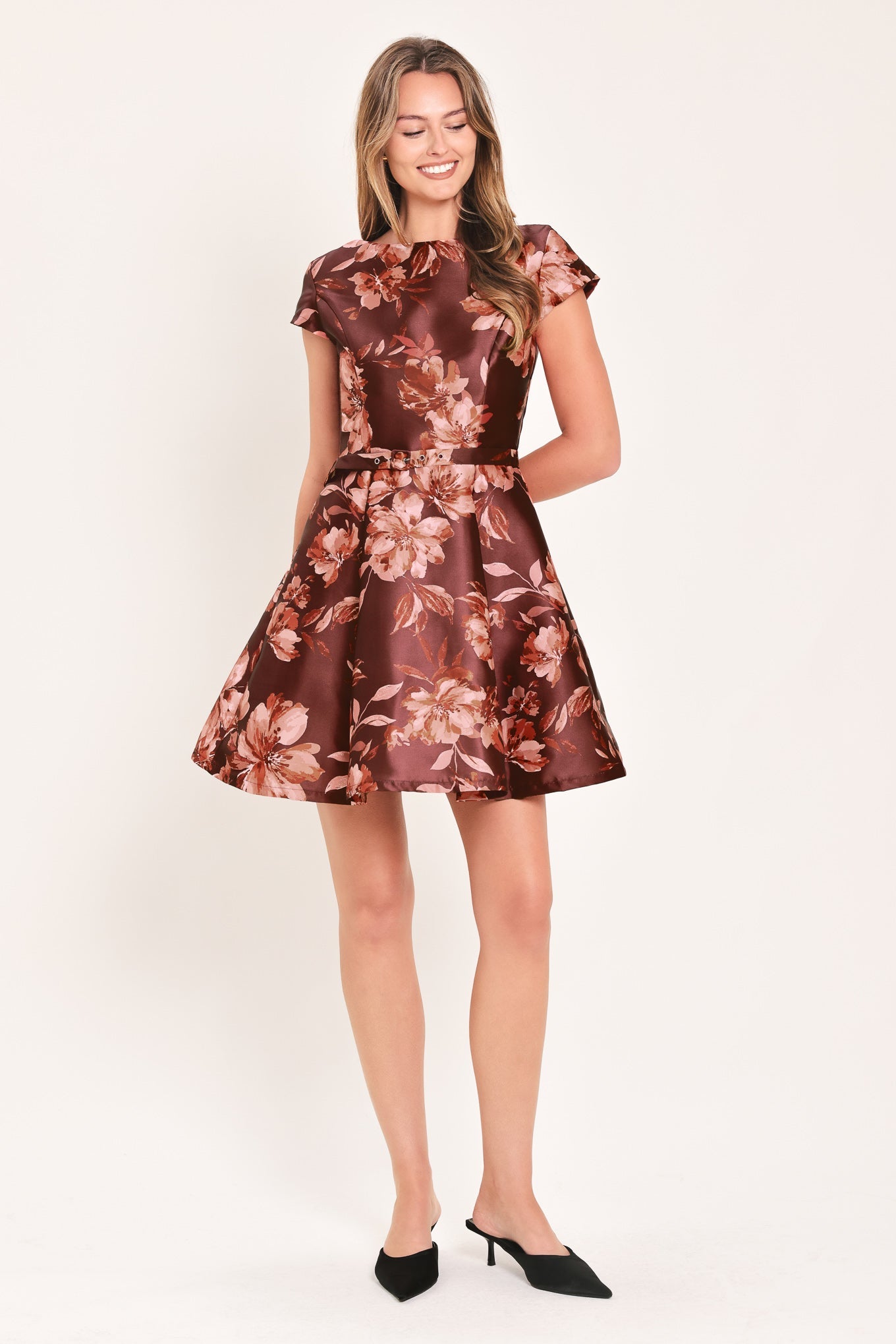 Mahogany Floral Kiss Woven Mini Dress