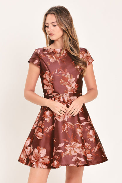 Mahogany Floral Kiss Woven Mini Dress